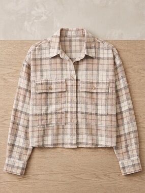 Abercrombie & Fitch Cropped Flannel Shirt Plaid Tan Cream Soft Women’s Medium
